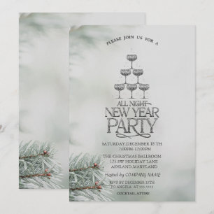 Champagne Glass Pine Tree Branches Christmas Invitation