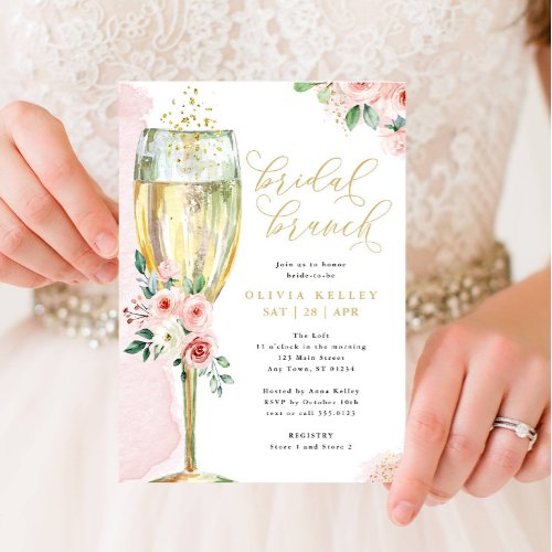 Champagne Glass Pink and Gold Floral Bridal Brunch Invitation