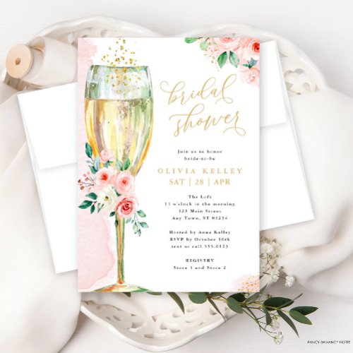 Champagne Glass Pink and Gold Floral Bridal Shower Invitation