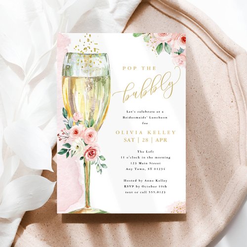 Champagne Glass Pink  Gold Floral Bridal Luncheon Invitation
