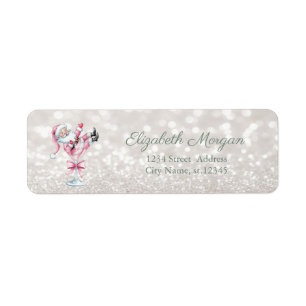 Champagne Glass Pink Santa Glittery Bokeh  Label