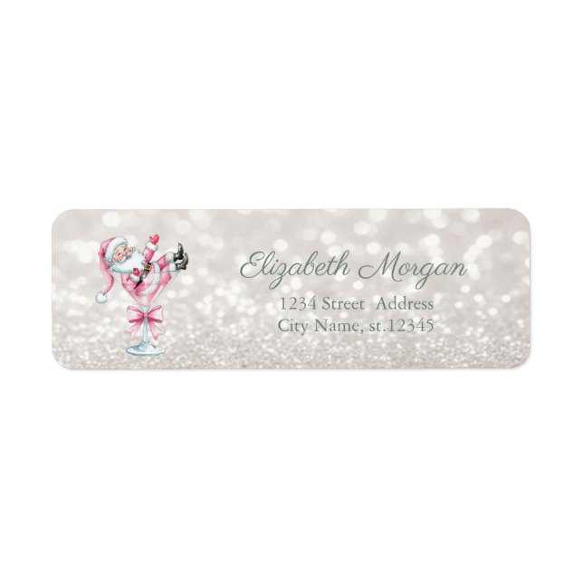 Champagne Glass Pink Santa Glittery Bokeh  Label (Front)