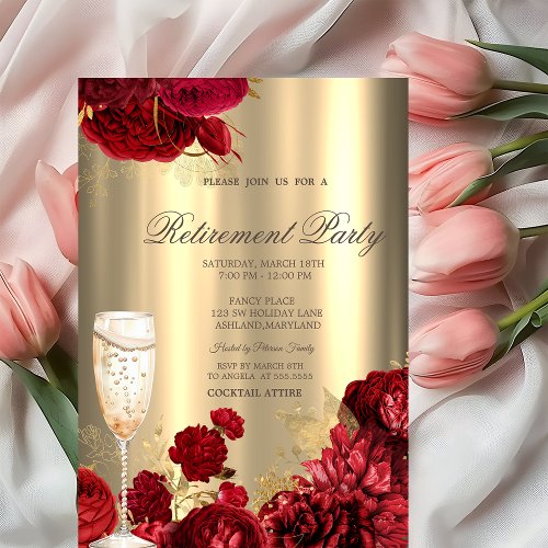 Champagne Glass Red Roses Gold Retirement Party