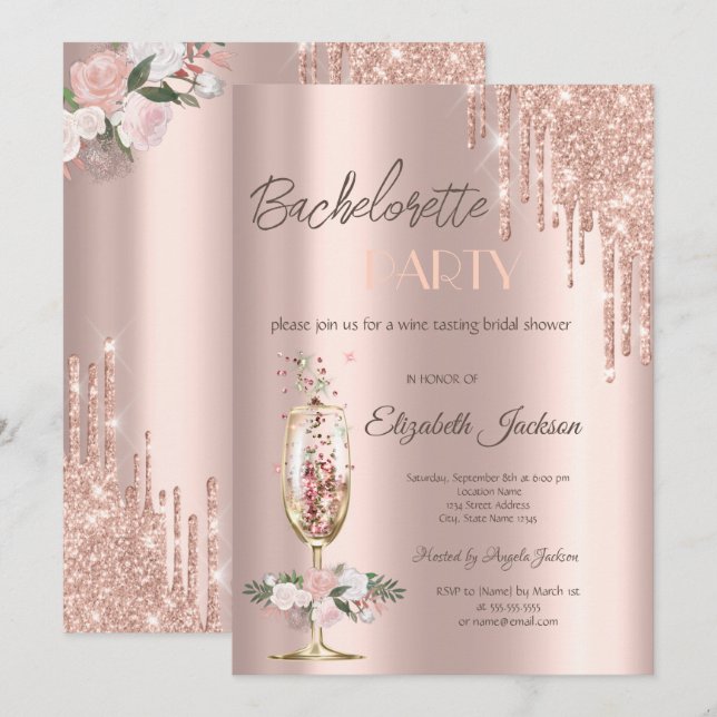 Champagne Glass Roses Bachelorette Party    Invitation (Front/Back)