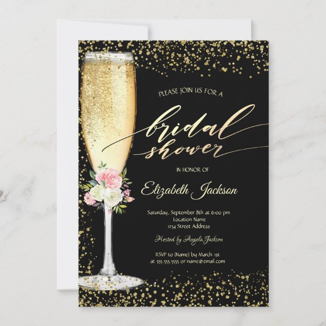 Champagne Glass,Roses,Gold Diamonds Bridal Shower Invitation (Front)