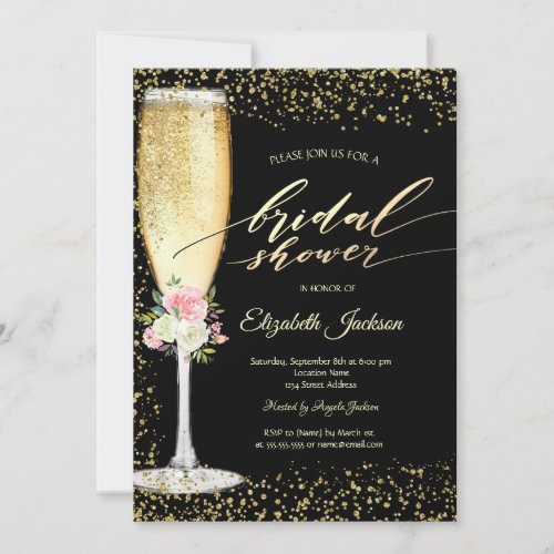 Champagne GlassRosesGold Diamonds Bridal Shower Invitation
