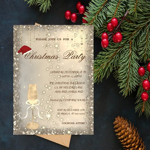 Champagne Glass Santa Hat Christmas Party Invitation