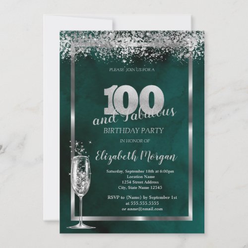 Champagne Glass Silver Confetti Green 100th  Invitation