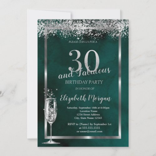 Champagne Glass Silver Confetti Green 30th  Invitation