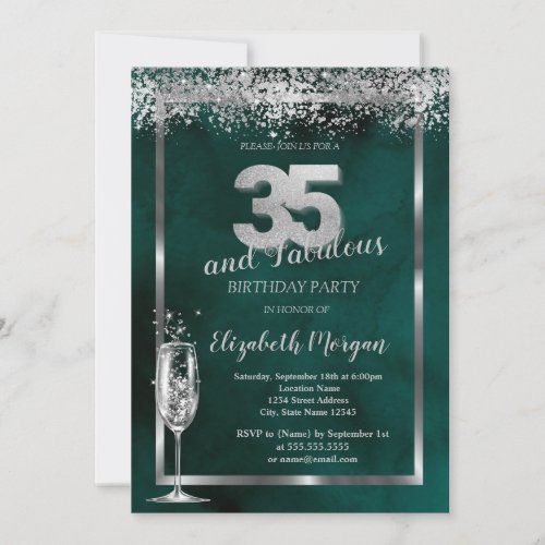 Champagne Glass Silver Confetti Green 35th  Invitation