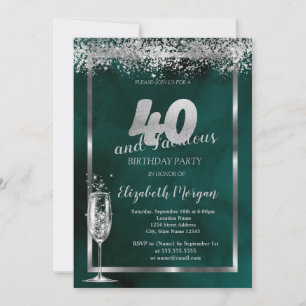 Champagne Glass Silver Confetti Green 40th Invitation