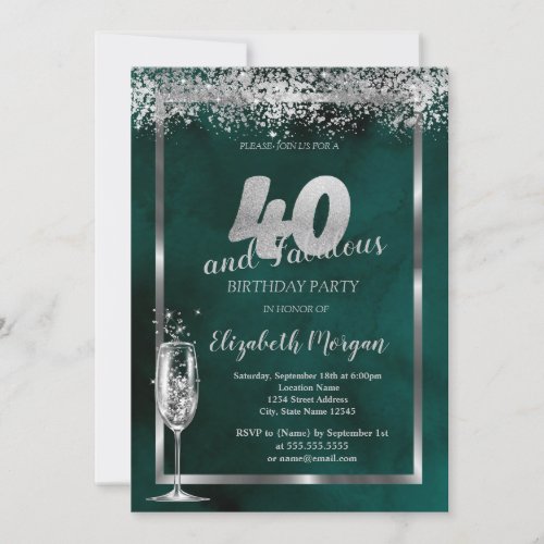 Champagne Glass Silver Confetti Green 40th  Invitation