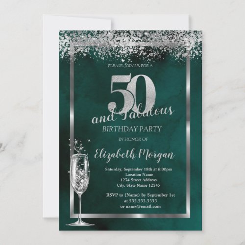 Champagne Glass Silver Confetti Green 50th  Invitation