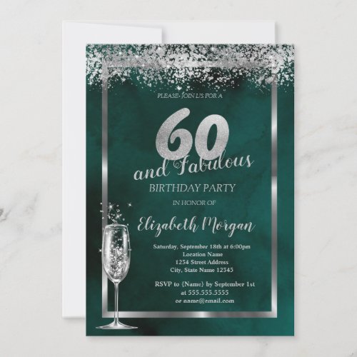 Champagne Glass Silver Confetti Green 60th  Invitation