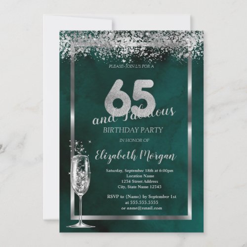 Champagne Glass Silver Confetti Green 65th  Invitation