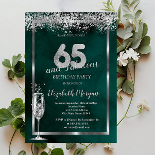 Champagne Glass Silver Confetti Green 65th Invitation