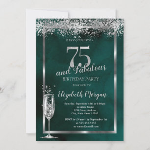 Champagne Glass Silver Confetti Green 75th Invitation