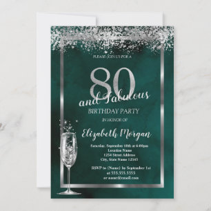 Champagne Glass Silver Confetti Green 80th Invitation