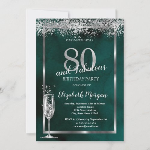 Champagne Glass Silver Confetti Green 80th Invitation