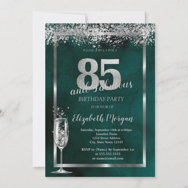Champagne Glass Silver Confetti Green 85th  Invitation (Front)