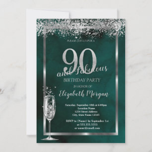 Champagne Glass Silver Confetti Green 90th  Invitation