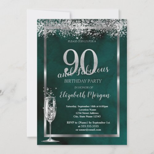 Champagne Glass Silver Confetti Green 90th  Invitation