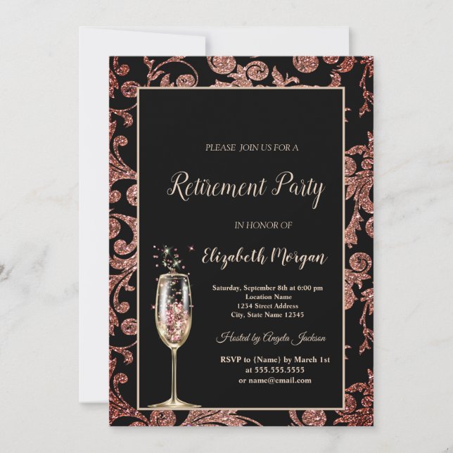 Champagne Glass Sparkle Swirls Retirement Party Invitation (Front)
