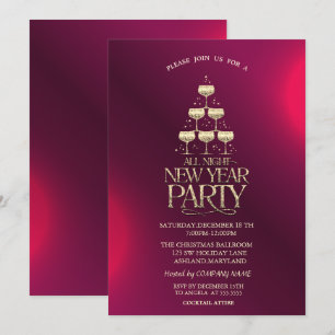 Champagne Glass Stars Red Cocktail Christmas  Invitation