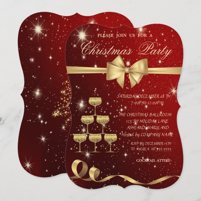 Champagne Glass Tree ,Bow,Red,Christmas Party Invitation (Front/Back)