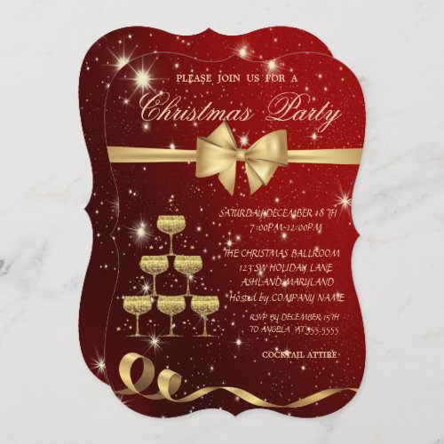 Champagne Glass Tree BowRedChristmas Party Invitation