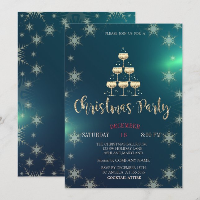 Champagne Glass Tree,Green Company Party  Invitation (Front/Back)