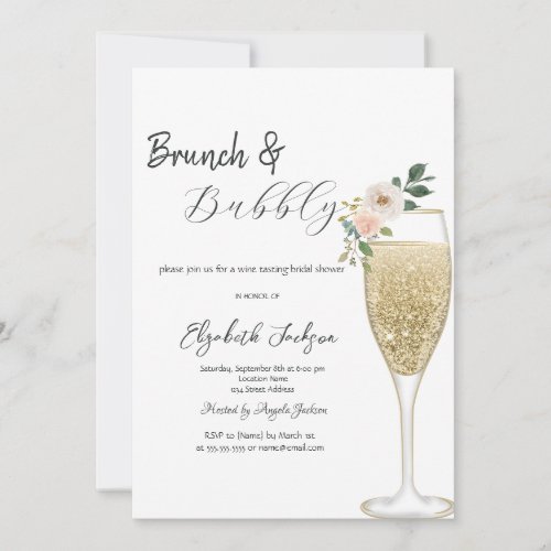 Champagne Glass White Flower Brunch  Bubbly  Invitation