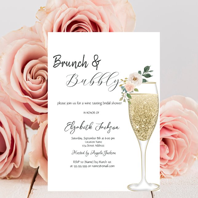 Champagne Glass White Flower Brunch & Bubbly  Invitation (Creator Uploaded)