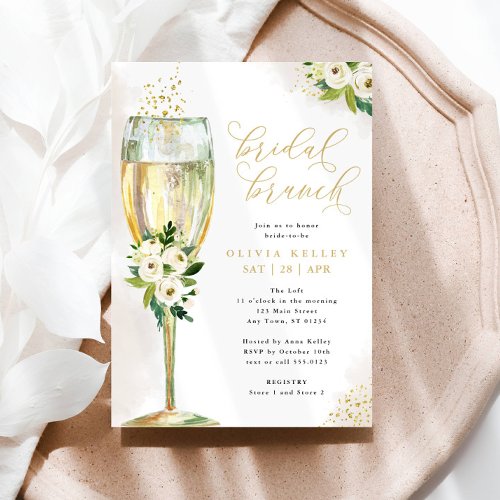 Champagne Glass White  Gold Floral Bridal Brunch Invitation