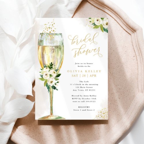Champagne Glass White  Gold Floral Bridal Shower Invitation