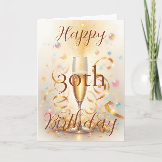 Champagne Glass with Gold Streamers Birthday Card (Front)