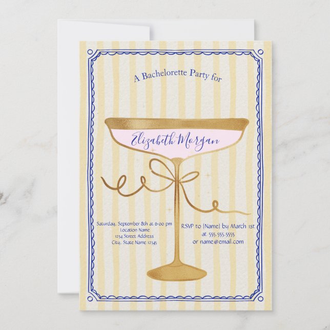 Champagne Glass Yellow Stripes Bachelorette   Invitation (Front)