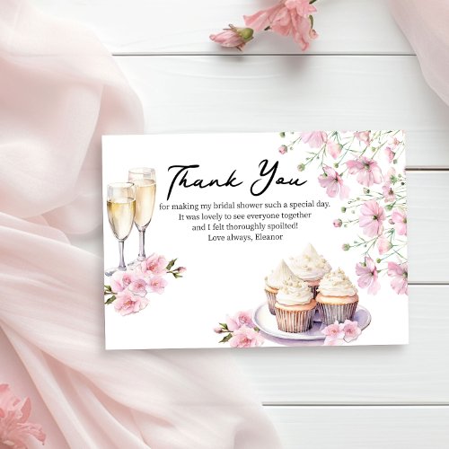 Champagne Glasses and Cupcakes Pink Flowers Thank You Card