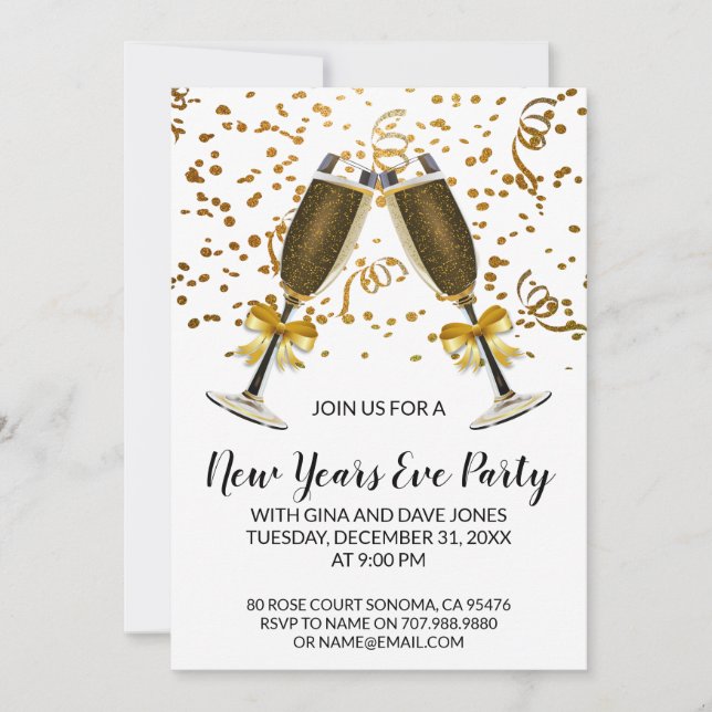 Champagne Glasses And Gold Confetti New Year's Eve Invitation (Front)