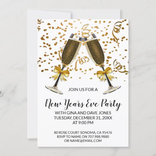 Champagne Glasses And Gold Confetti New Years Eve Invitation