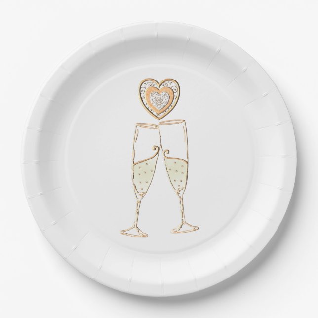 Champagne Glasses and Hearts  Paper Plates (Front)