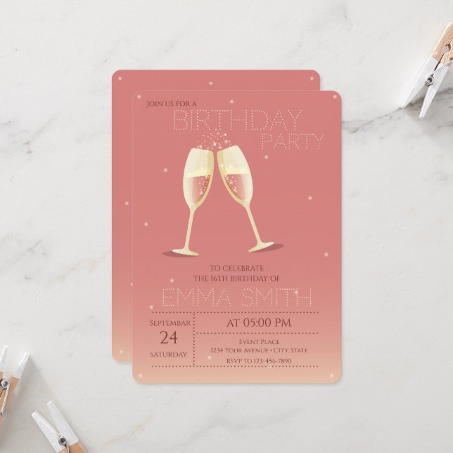 Champagne glasses Birthday invitation (Front/Back In Situ)