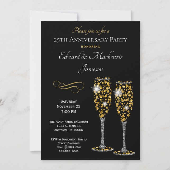 Champagne Glasses Black Anniversary Invitation (Front)