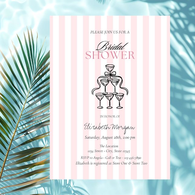  Champagne Glasses Bow Pink Stripes Bridal Shower Invitation (Creator Uploaded)