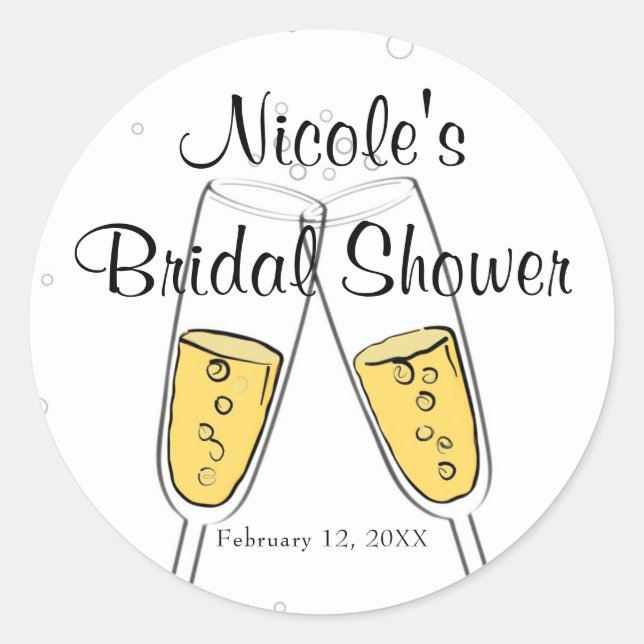 Champagne Glasses & Bubbles Modern Treat Favor Classic Round Sticker (Front)