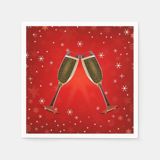 Champagne Glasses Celebration Gold on Red Napkins (Front)