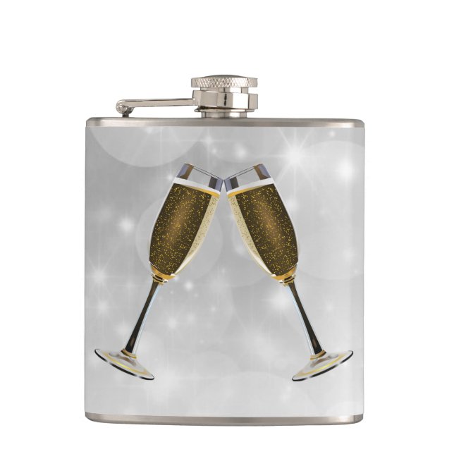 Champagne Glasses Celebration Gold on Silver Flask (Front)