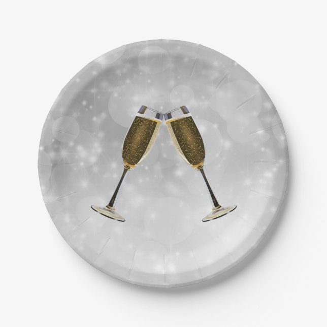 Champagne Glasses Celebration Gold on Silver Paper Plates (Front)
