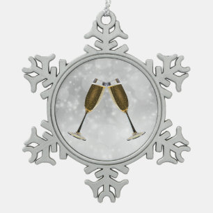 Champagne Glasses Celebration Gold on Silver Snowflake Pewter Christmas Ornament
