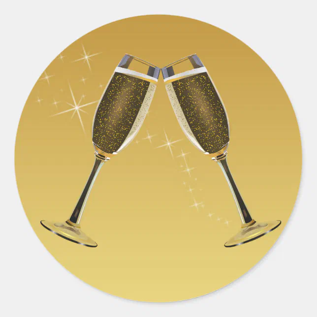 Champagne Glasses Celebration on Gold Classic Round Sticker | Zazzle